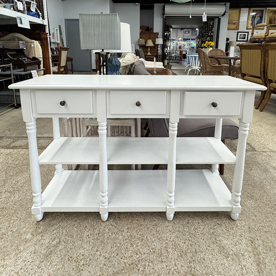 Entry table- white, w/ 3 drawers, 2 shelves
