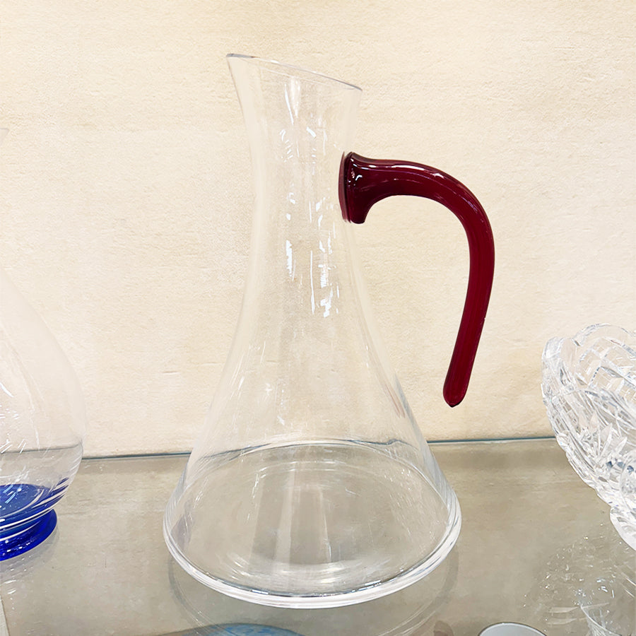 Blenko Glass Pitcher MCM Clear with Red Handle 11