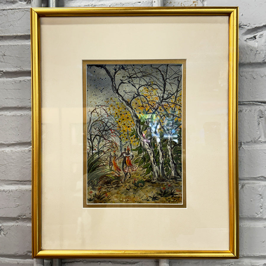 abstract landscape with trees and figures watercolor style