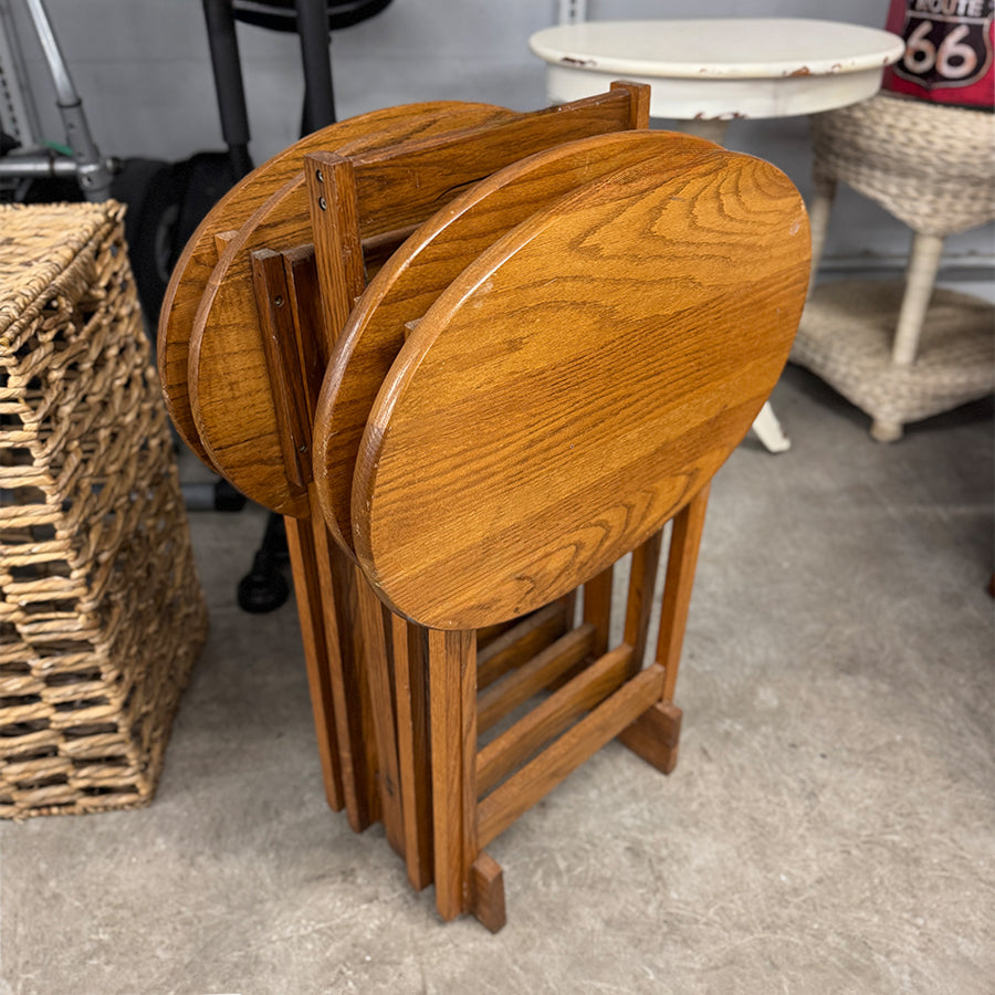 TV Trays w/ Stand Brown Wood Oval Set of 4