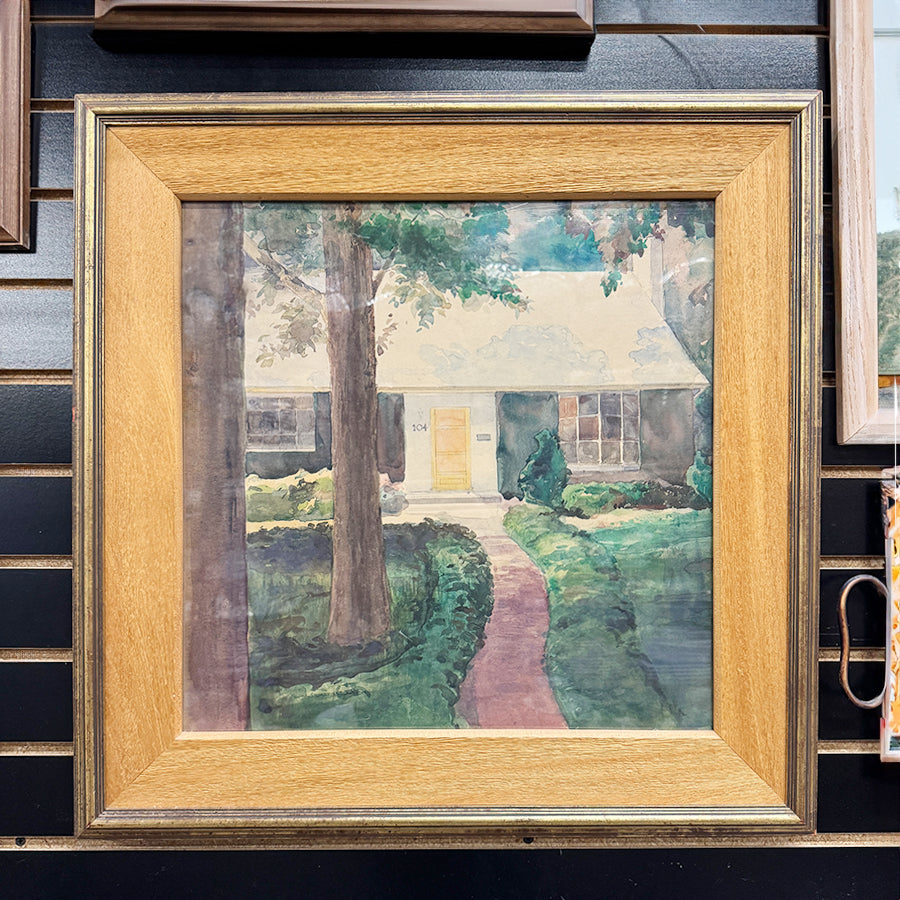 Home watercolor style image of house front foor and lawn
