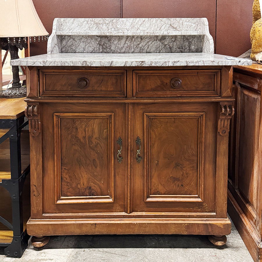 Bar- wood base, marble top, 2 drawers, vintage