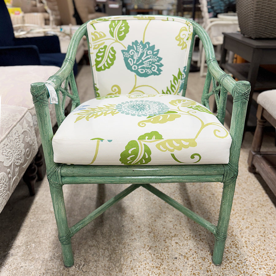 chair green rattan arms green & white print