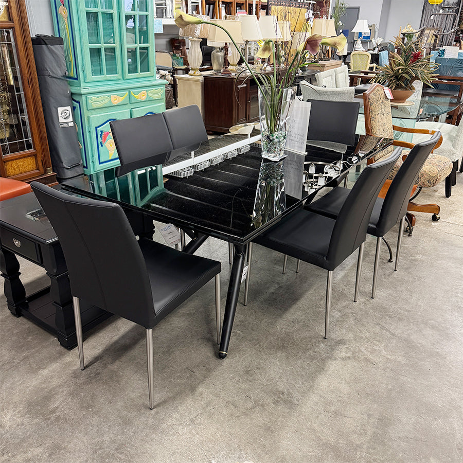 Dining table- glass top w/ 2 leaves, 6 leather chairs, Copenhagen