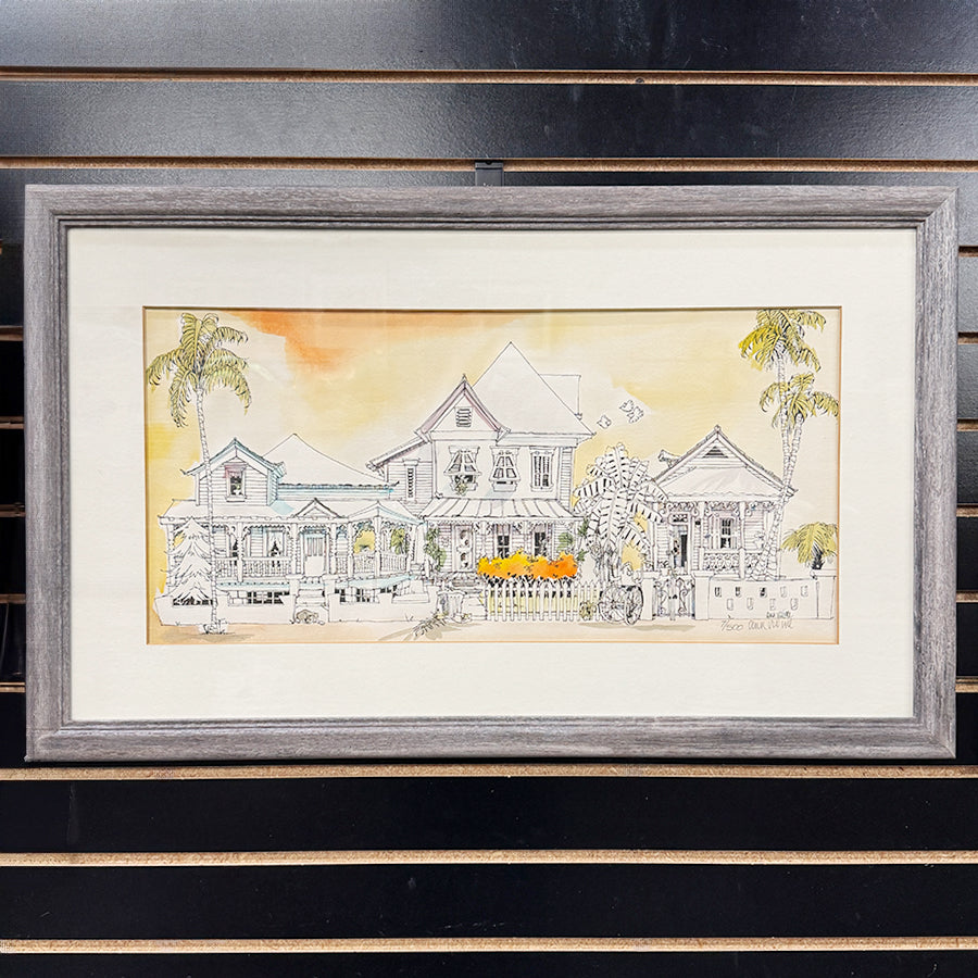 Key West victorian cottages line art with hand tinting
