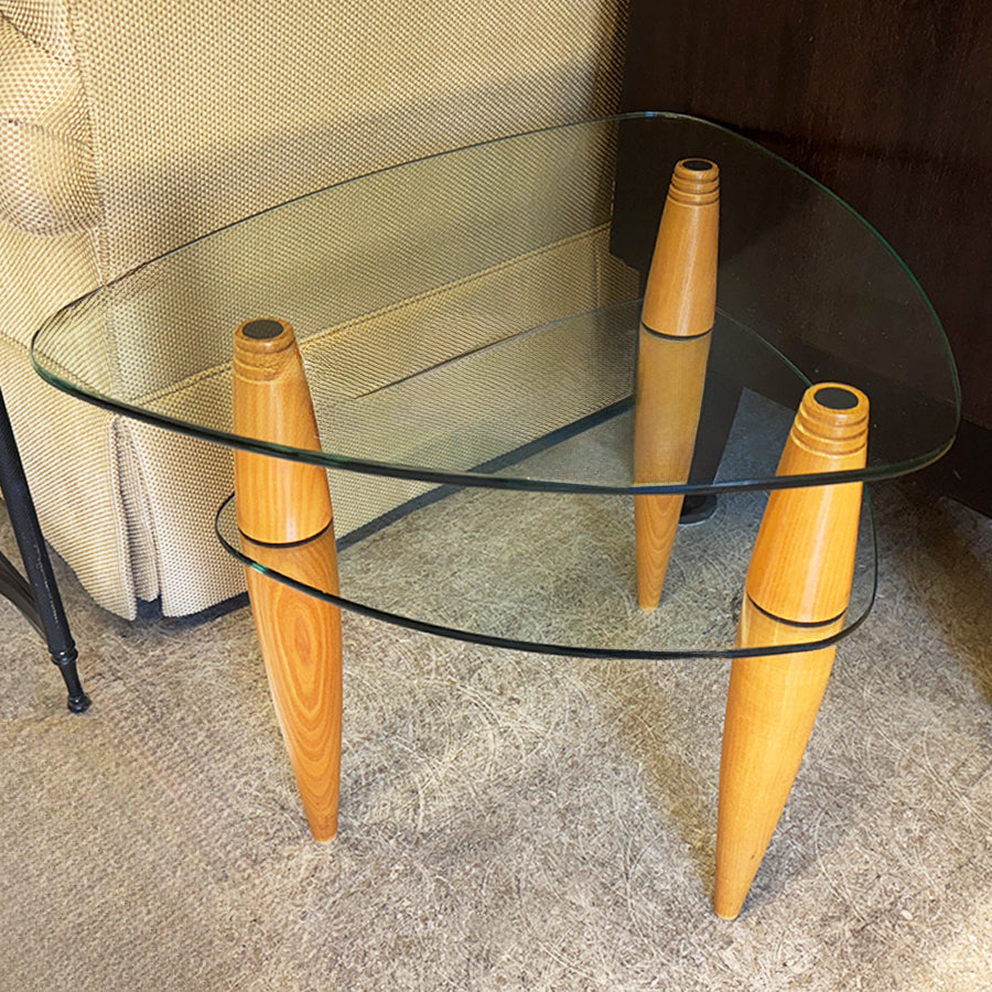 Coffee table- wood, w/2 glass shelves, modern