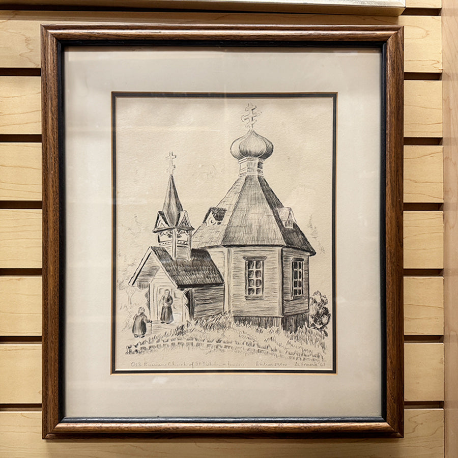 vintage Old Russian Church of St. Nicholas pencill illustratio style
