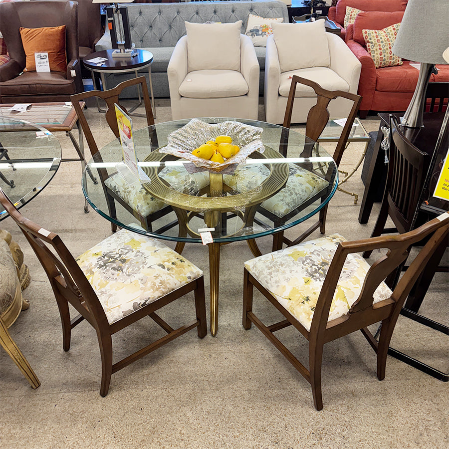 Ethan Allen dining table gold base bev glas top 4 chairs