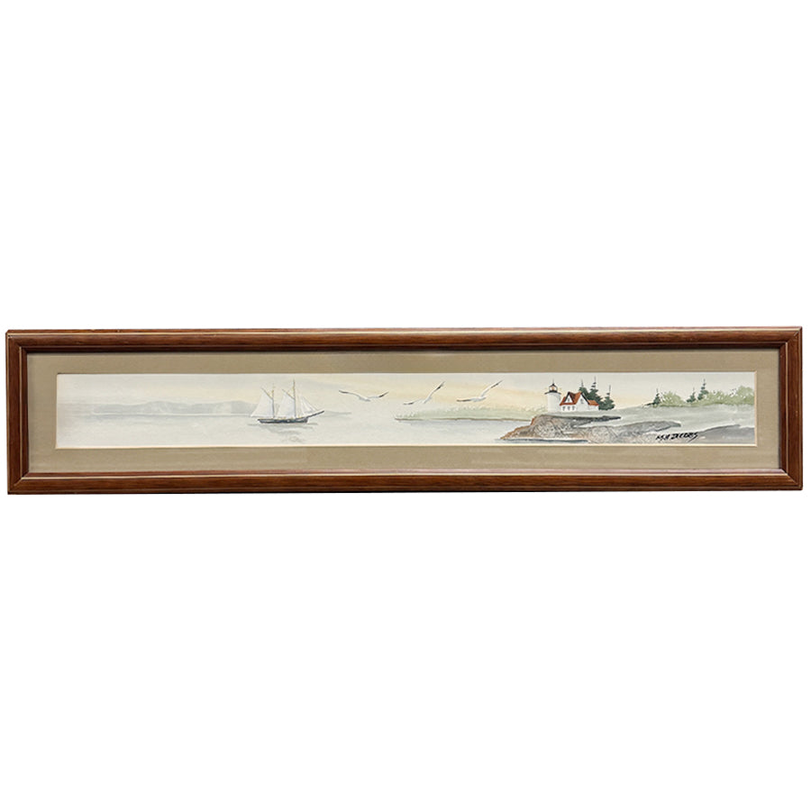 AS IS landscape Tallship on the water with lighthouse  watercolor style