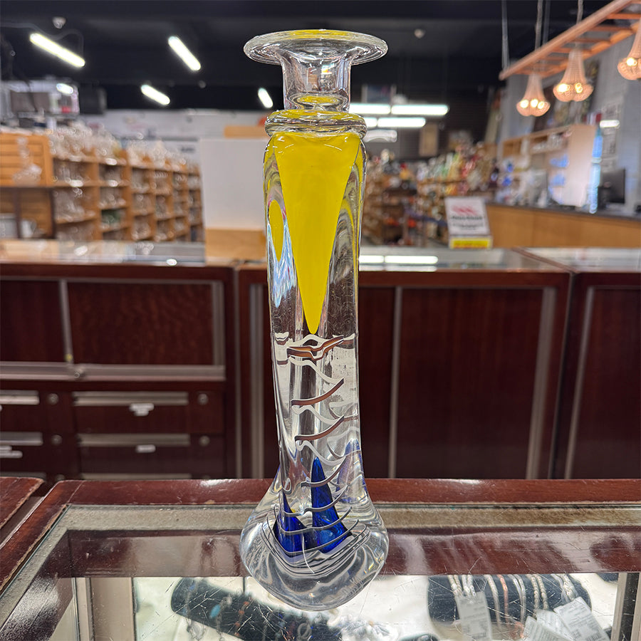 Art Glass Candleholder Jablonski Poland Yellow Blue 11.25