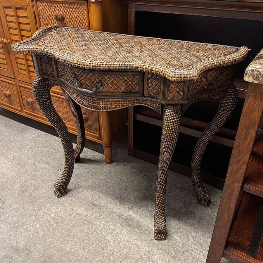 entry table rattan 1 drawer demilune salloped AS IS