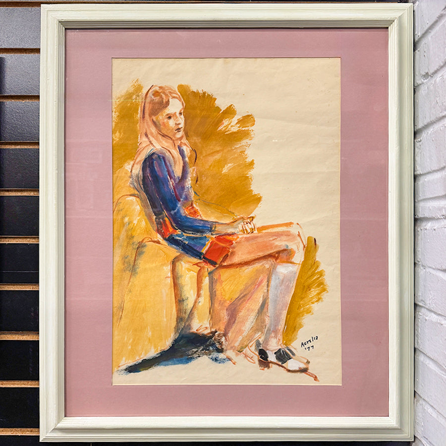 Girl sitting Watercolor signed Aurelia 77