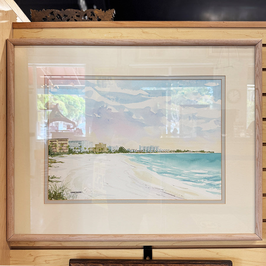 Beach landscape with buildings in the background watercolor style
