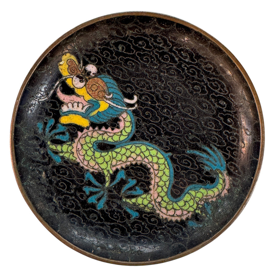 Plate small chinese cloisonne enamel yellow dragon