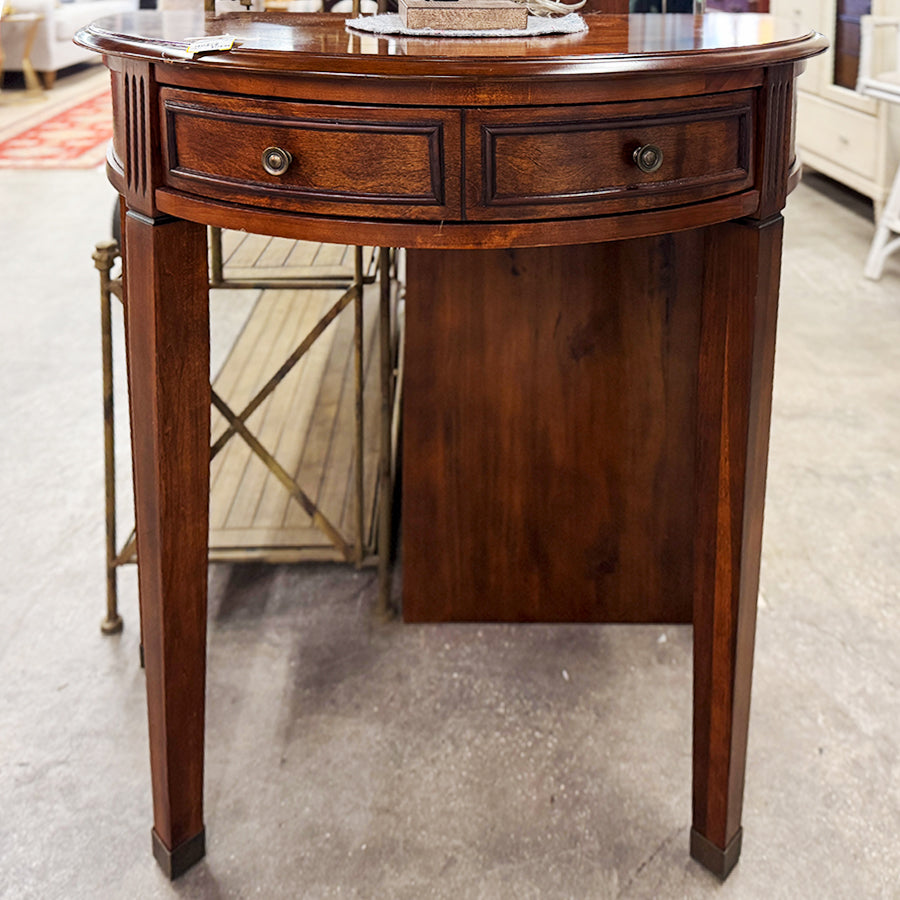 Entry table- wood, half moon, w/ inlay
