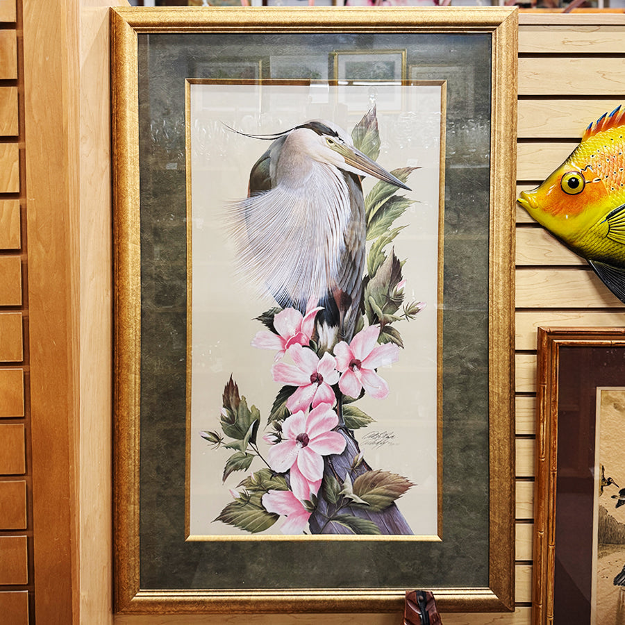 Heron with blossoms realistic style