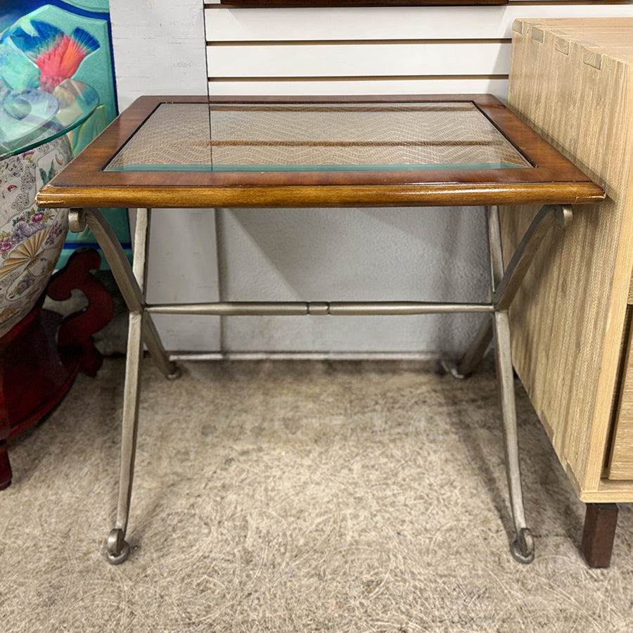 End table-metal base, rattan, glass top