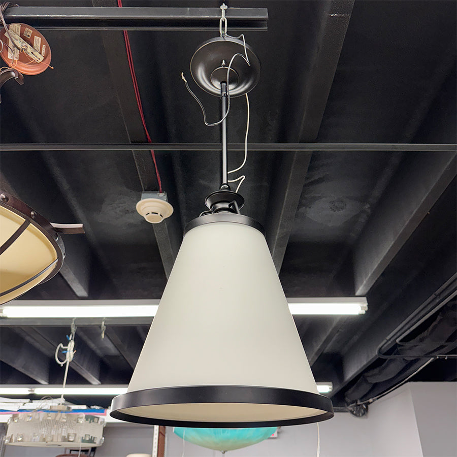 Chandelier- black w/ white, white glass, cone shape