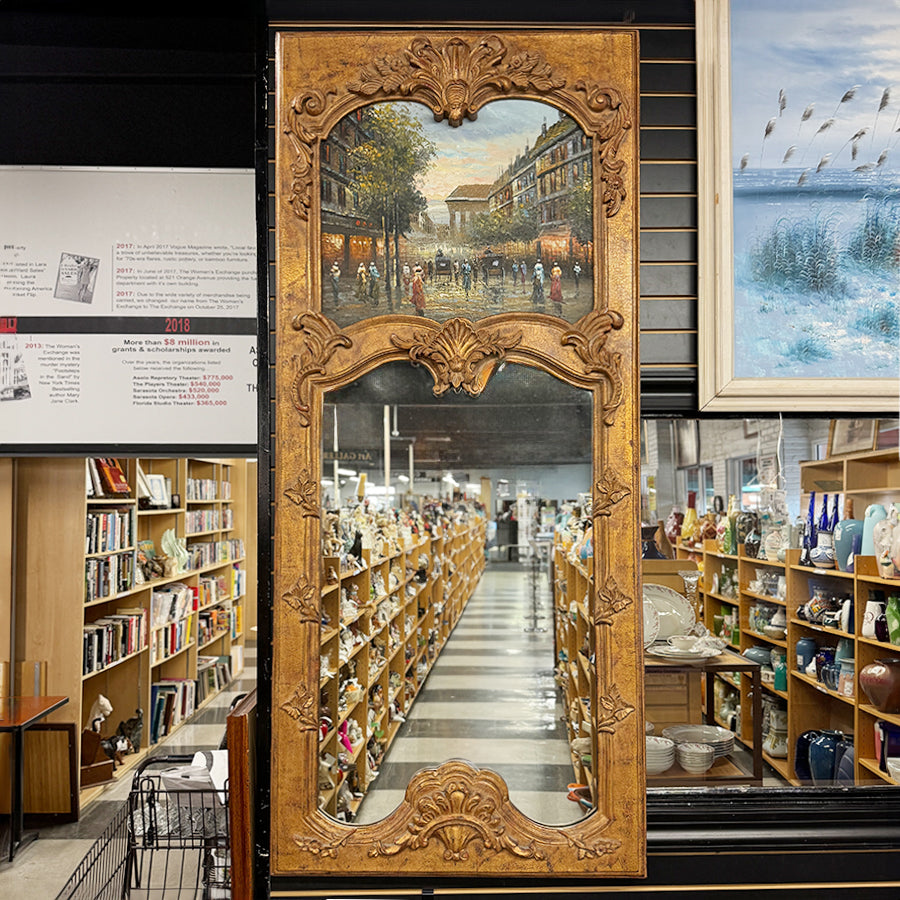 French Rococo style frame with mirror and impressionist landscape painting inset