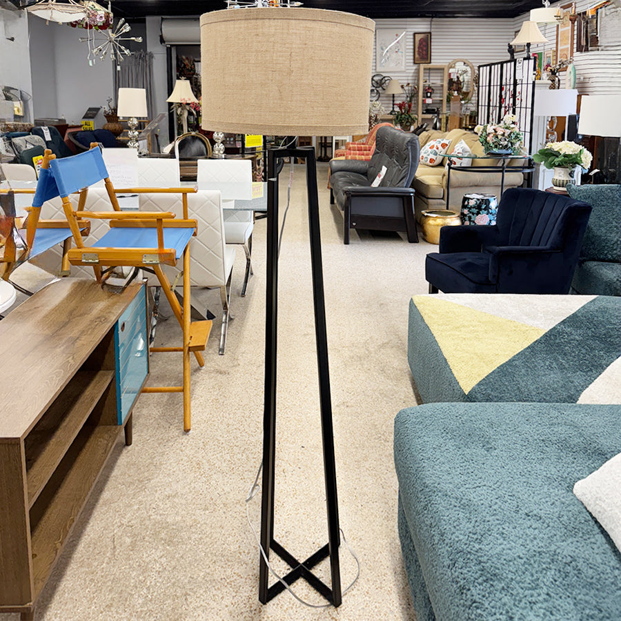 Floor lamp- black metal base, tan shade