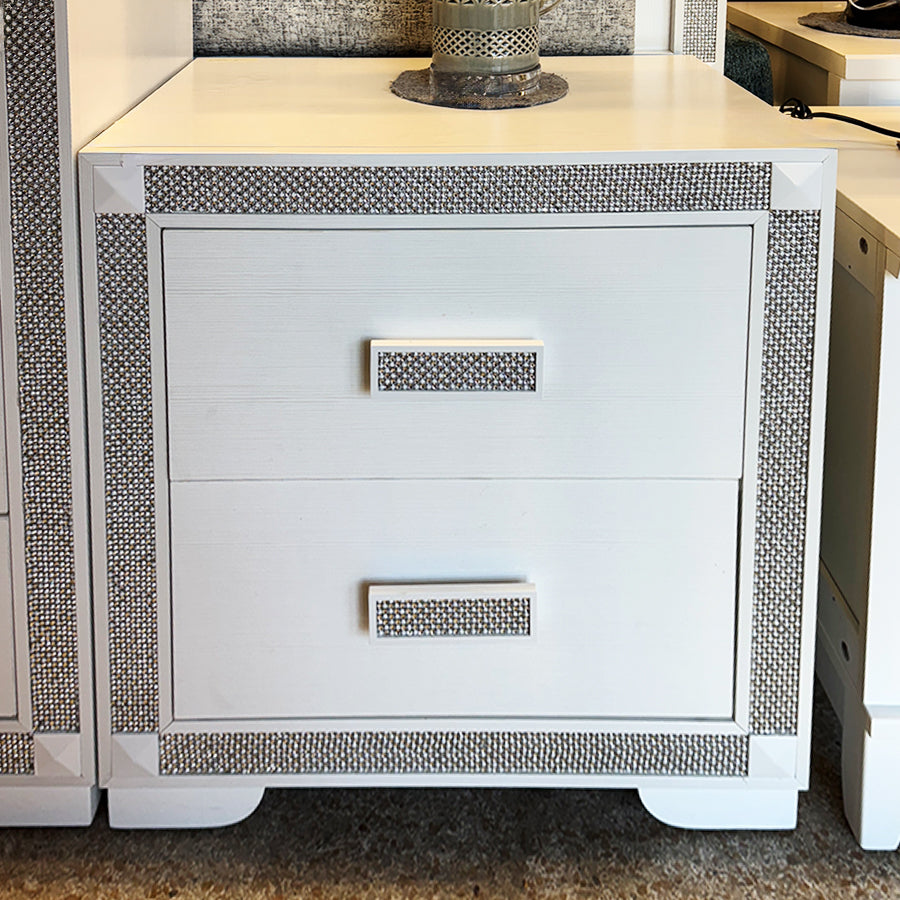nightstand white w silver bling trim 2 drawer fr Kanes