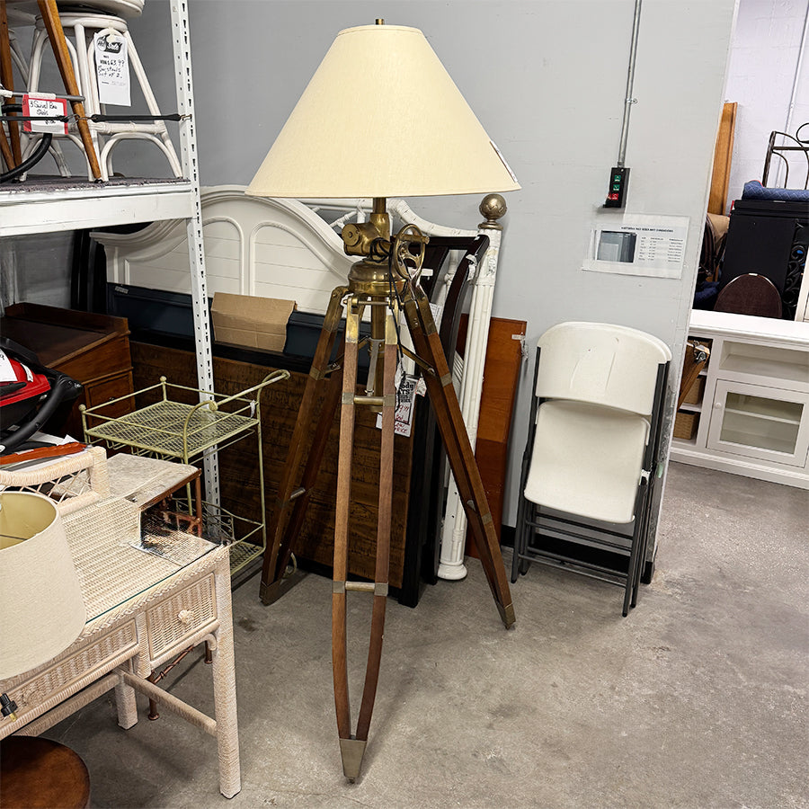 RH floor lamp marine tripod brass & wood adjustable AS IS
