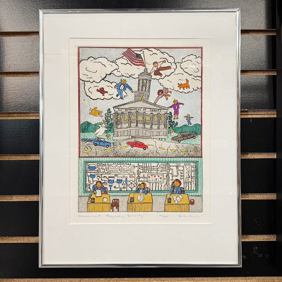 Governments Regulating Gravity cartoon illustration style figures ofice building