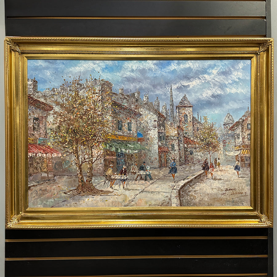 Abstract landscape street scene with cafe and figures