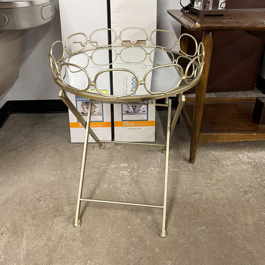 end table gold metal fold mirror top round