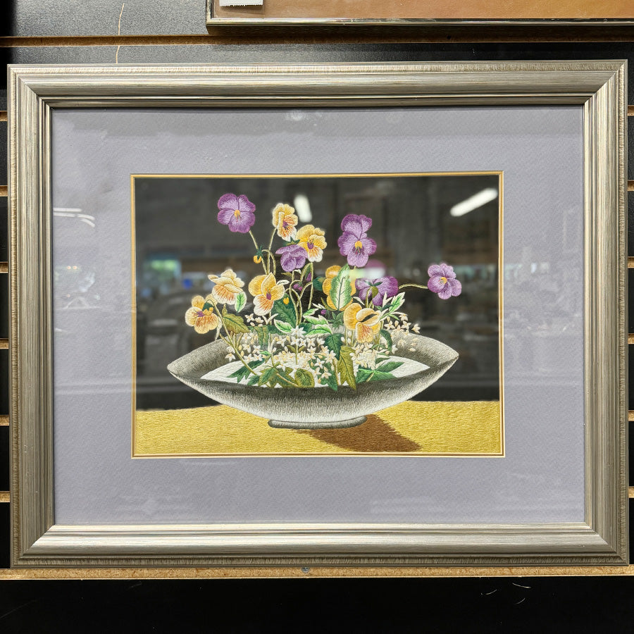 Asian hand stiched floral still life wall decor in black purple and yellow