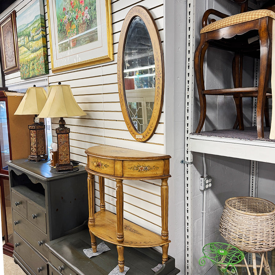Entry table- wood, w/ flowers, 1 drawer, mirror.