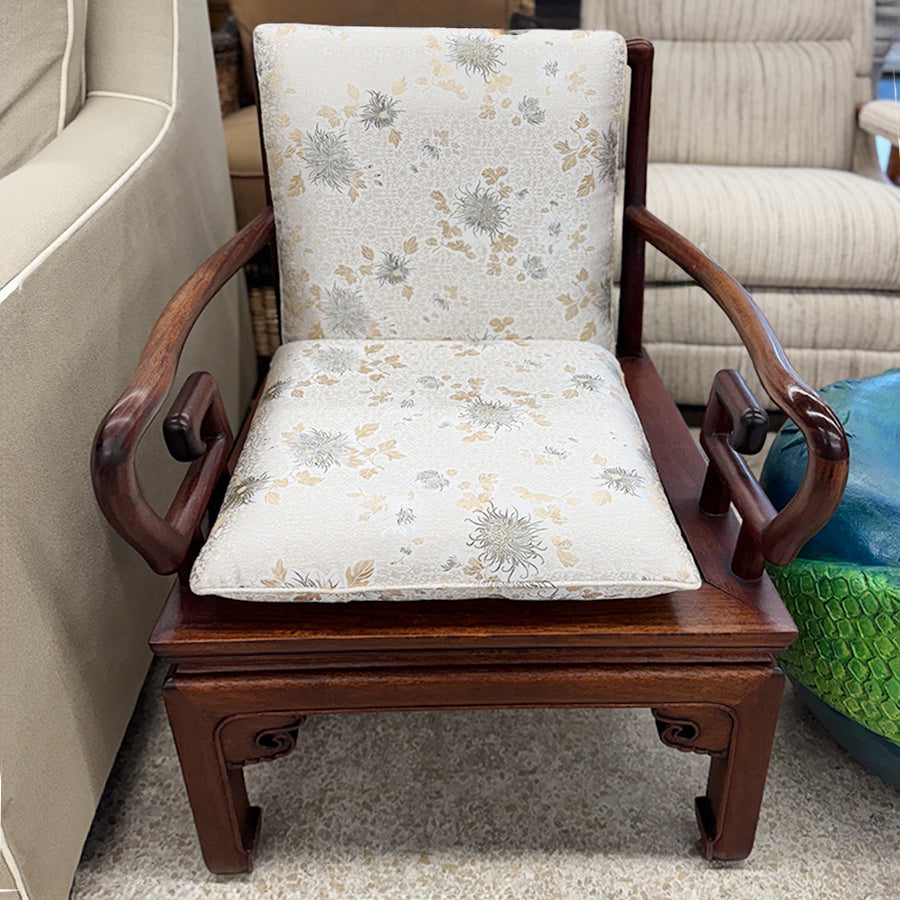 chair- rosewood, asian. w/ red, cream cushion.