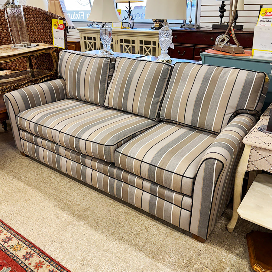 Sofa- gray, white, taupe stripe fabric