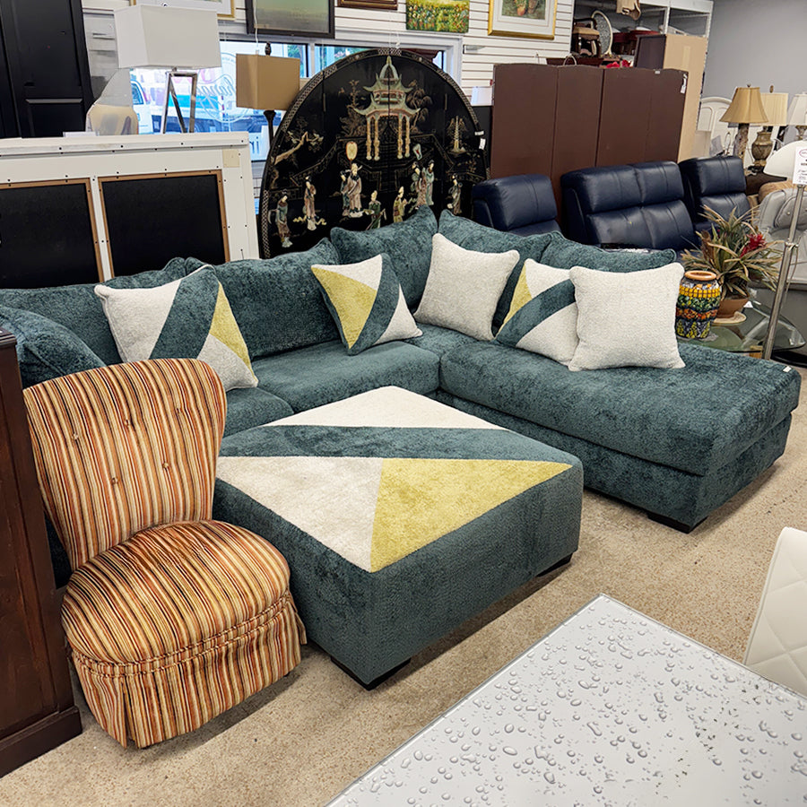Sofa- 2 pc. sectional, green, w/ pillows, ottoman