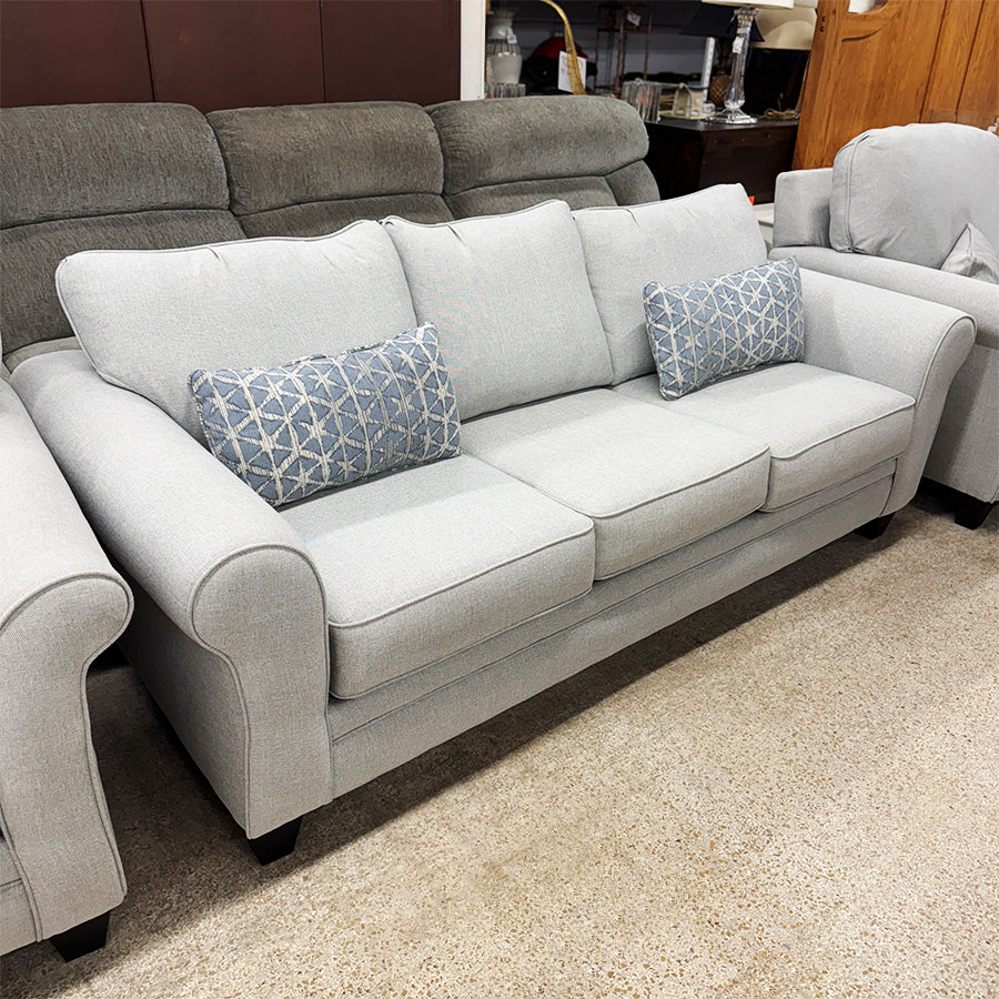 Sofa- gray fabric, w/ 2 pillows