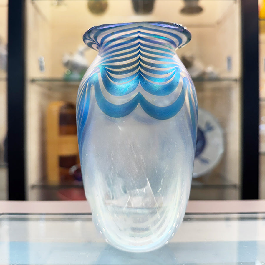 Eickholt Pulled Feather Blue Art Glass Vase
