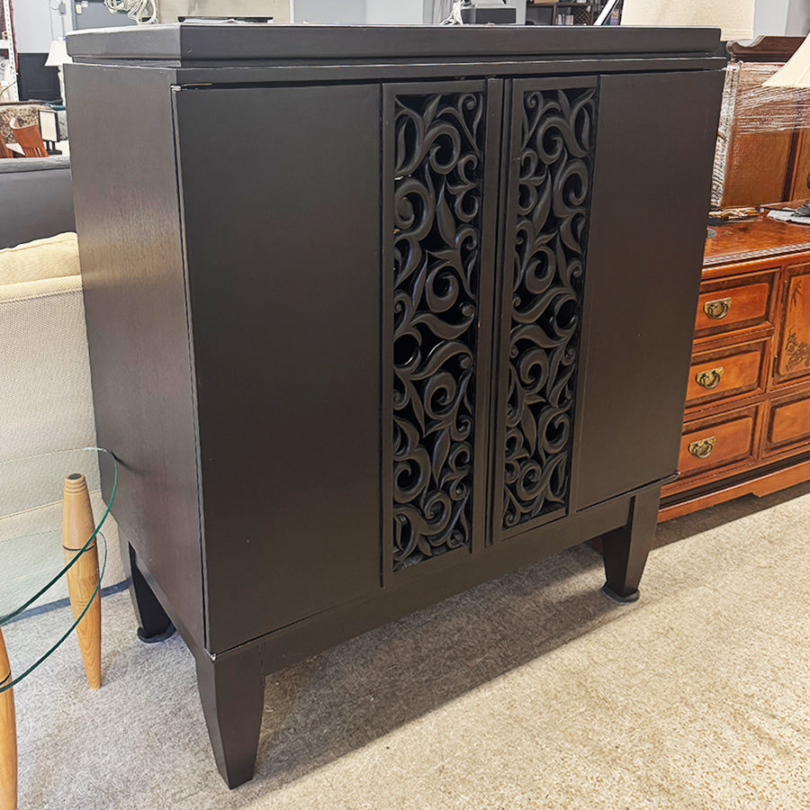 TV cabibet black cut out back scroled open front