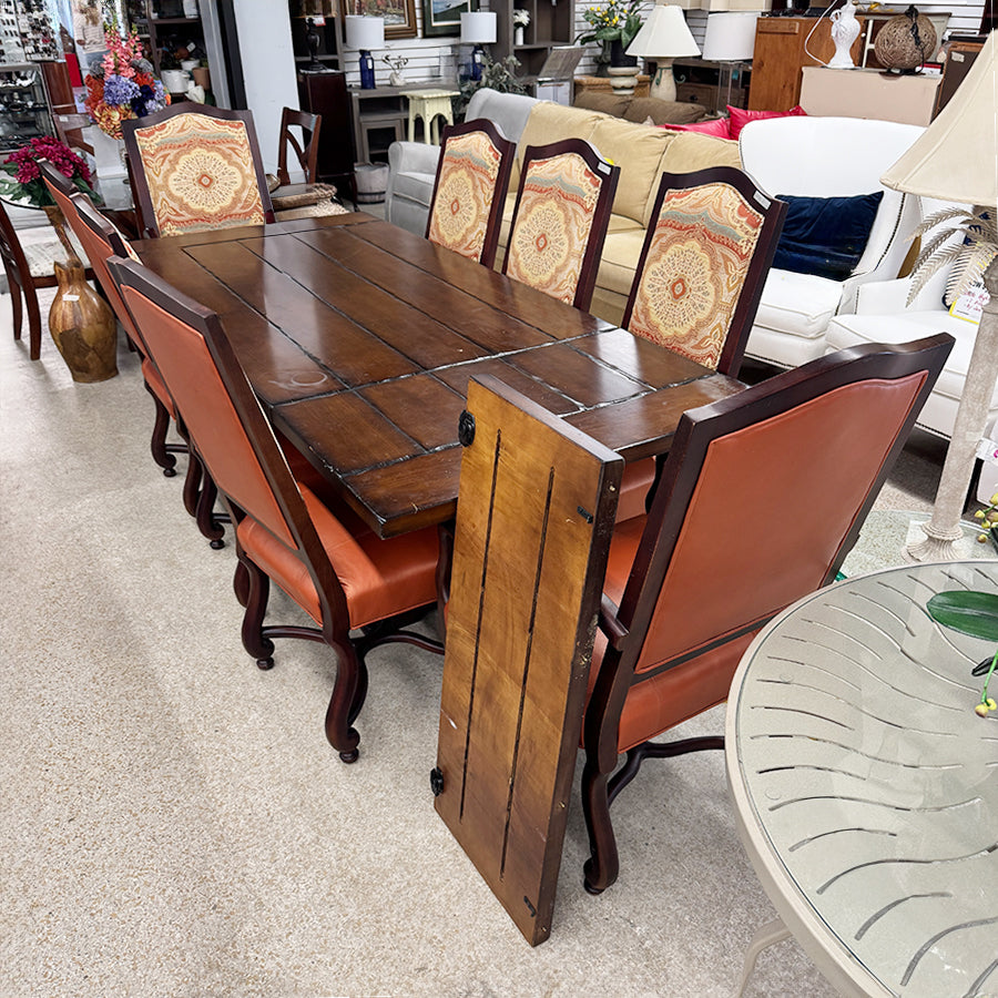 Dining table- wood, 8 chairs, 3 leaves