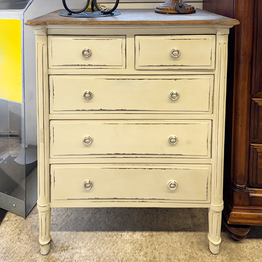 Chest- cream w/ darker wood top, 5 drawers