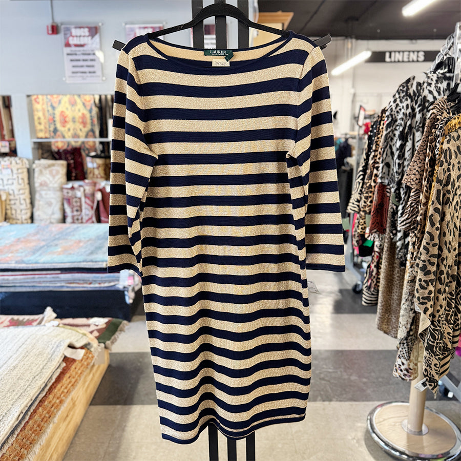 Lauren  dress navy/gold metallic stripes 3/4 slv NEW