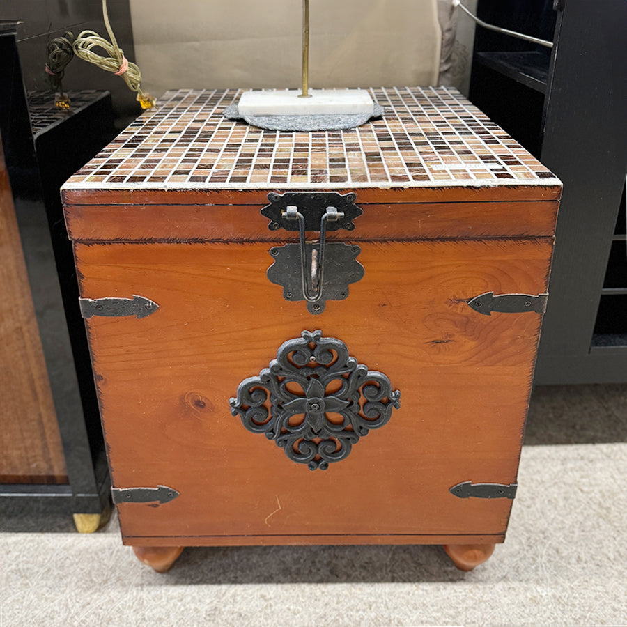 Trunk/End Table - Wood w. Metal Accents, Brown Mosaic Top