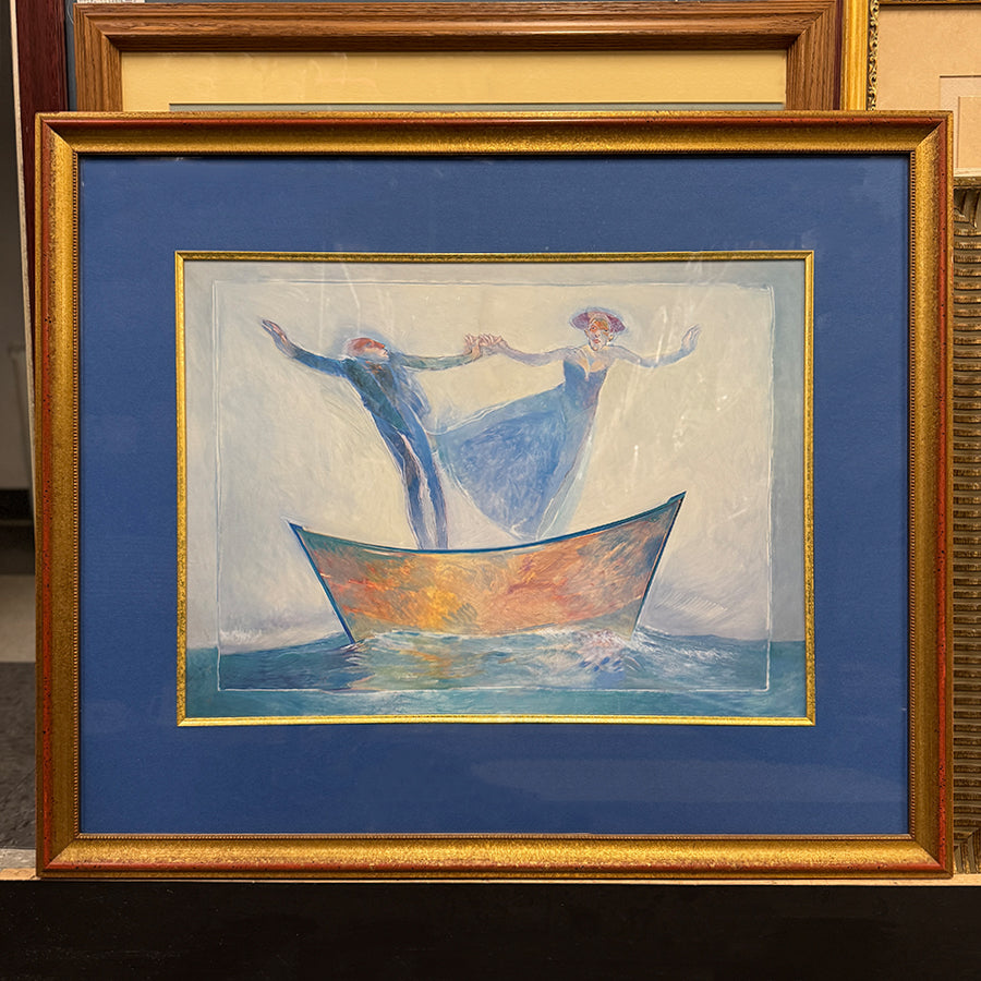 Abstract 2 figures in a boat in blues yellows and orange