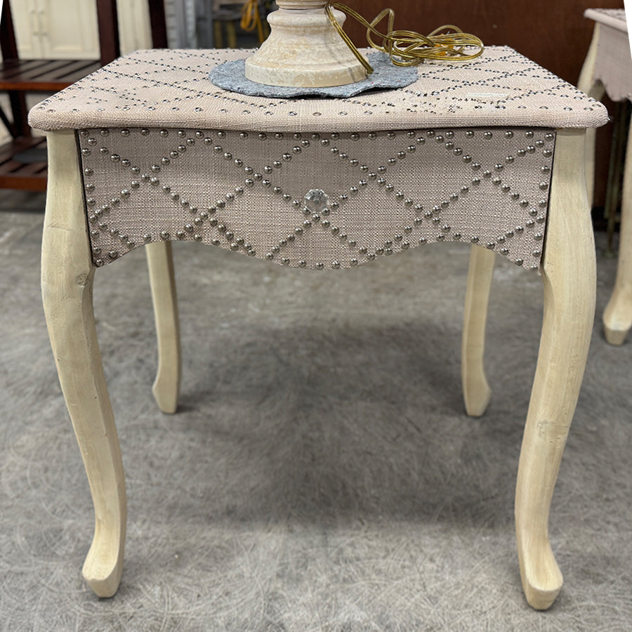 nightstand tan wood fabric naihead design 1 drawer