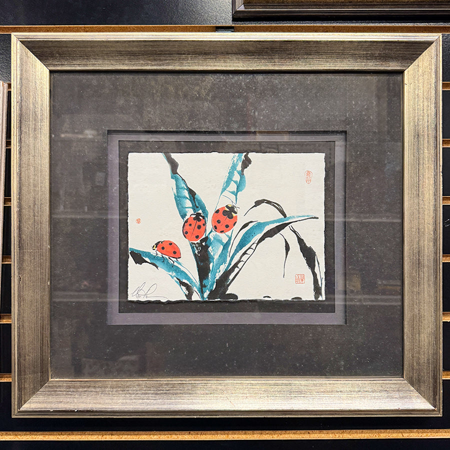 Chinese ink painting 3 lady bugs on blue+Black leaves