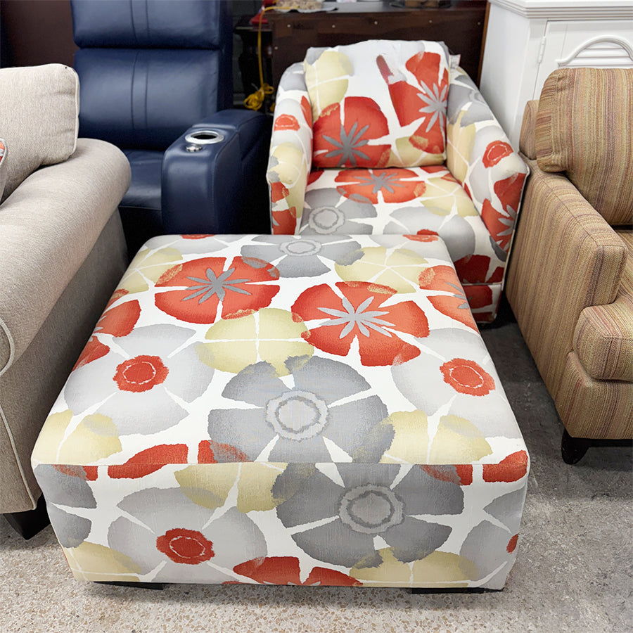 Chair- w/ ottoman, swivel, rocker,floral, gray, yellow
