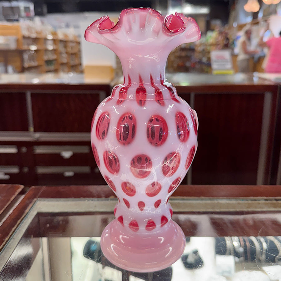 FENTON CRANBERRY DOT COIN VASE Ruffled Top