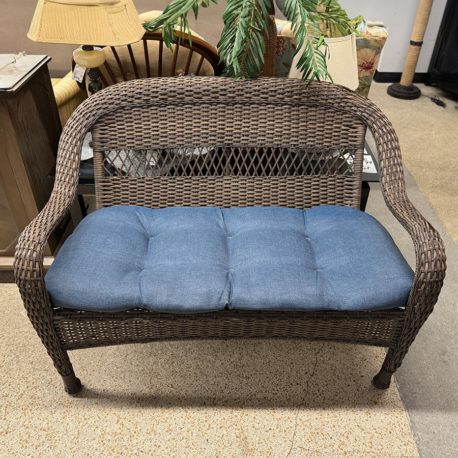 Patio loveseat/brown wicker, blue cushion