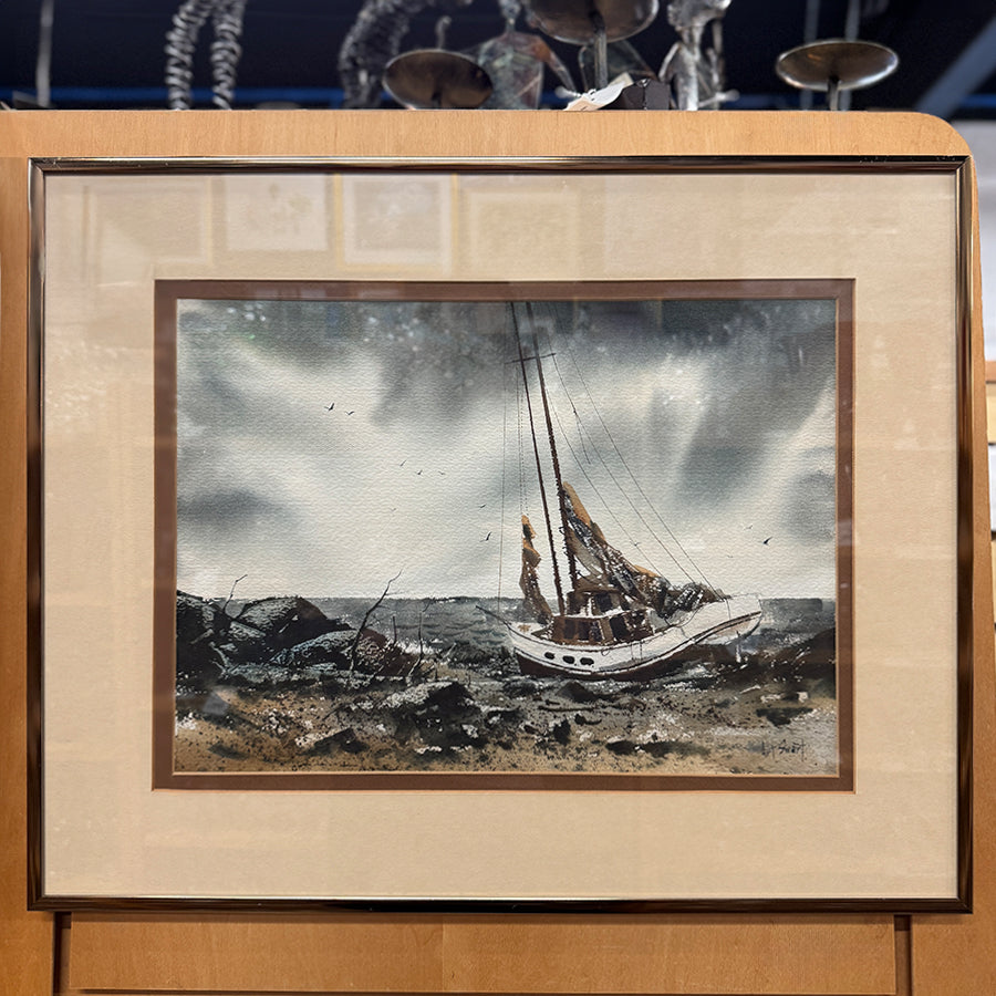Seascape landscape with shoreline and boat watercolor style