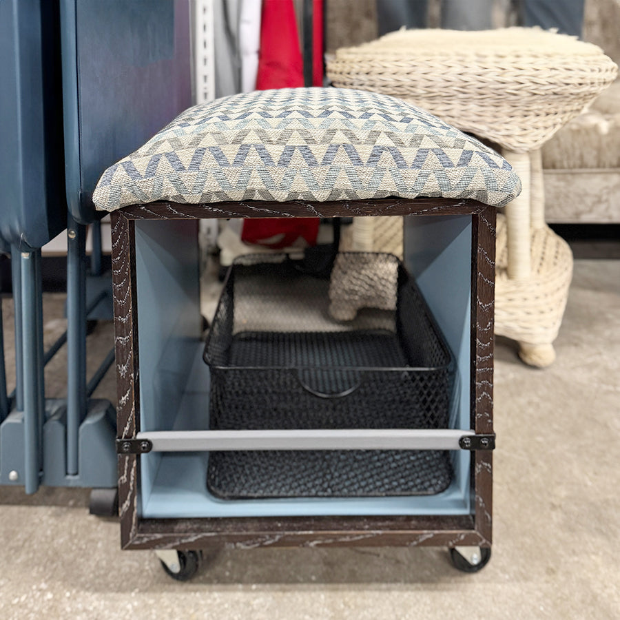 stool rolls storage w basket grey & blue print seay