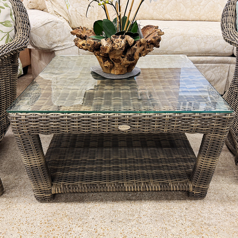 Coffee table- patio, wicker w/ glass top